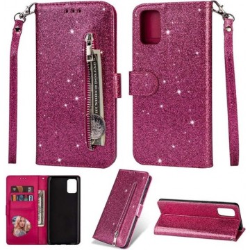 Samsung Galaxy A41 Glitter Bookcase hoesje Portemonnee met rits  - Roze