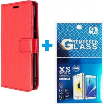 Motorola Moto E6 Play hoesje book case + 2 stuks Glas Screenprotector rood