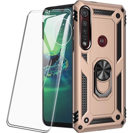 Motorola Moto G8 Plus hoesje Schokbestendige ring armor met 2X volledige schermdekking Screenprotector goud