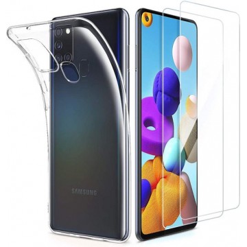 Samsung Galaxy A21S Hoesje Transparant - Siliconen Back Cover & 2X Glazen Screenprotector