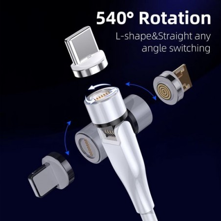 540° Roterende magnetische oplaadkabel met data transfer. 3 in 1 wit. Magnetisch opladen. Magnetische kabel, oplaadkabel.