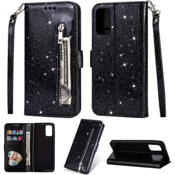Samsung Galaxy S20 Plus Glitter Bookcase hoesje Portemonnee met rits  - Zwart