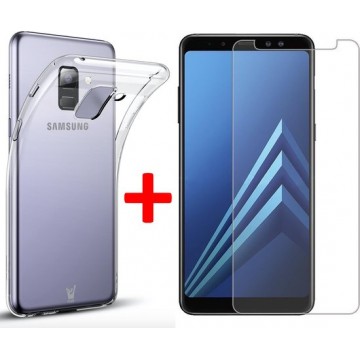 Transparant Hoesje voor Samsung Galaxy A8 (2018) Soft TPU Gel Siliconen Case + Tempered Glass Screenprotector Transparant