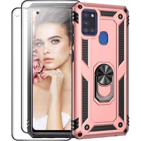 Samsung Galaxy A21S hoesje Schokbestendige ring armor met 2X volledige schermdekking Screenprotector rose goud