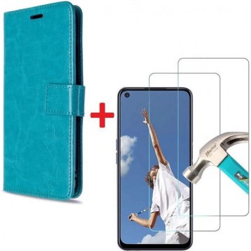 Oppo A72 hoesje book case turquoise met tempered glas screen Protector