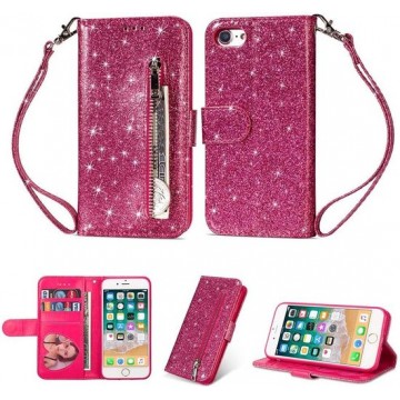 iPhone SE 2020 / 7 / 8 Glitter Bookcase hoesje Portemonnee met rits  - Roze