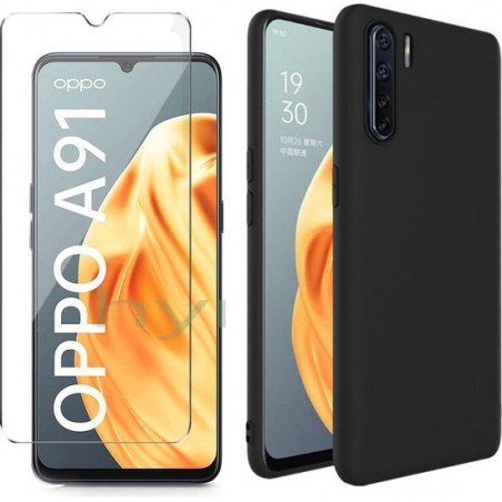 Oppo A91 Hoesje Zwart - Siliconen Back Cover & Glazen Screenprotector