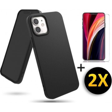 Apple iPhone 12 Mini Hoesje Zwart - Siliconen Back Cover 2X Glazen Screenprotector
