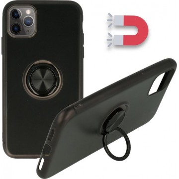 Apple iPhone 11 Pro Hoesje Zwart - Siliconen Back Cover met Ring Kickstand - Geschikt voor Magneet Houders