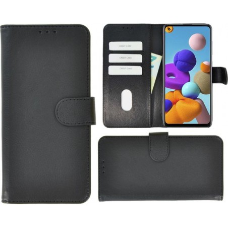 Samsung Galaxy A21s hoes Effen Wallet Bookcase Hoesje Cover Zwart Pearlycase