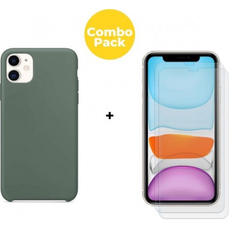 iPhone 11 Telefoonhoesje met 2 x Screenprotector | Siliconen Tpu Smartphone Back Cover Dennen Groen | Gehard Beschermglas