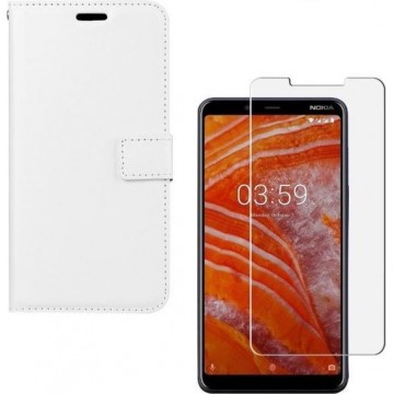 Nokia 3.1 Plus Portemonnee hoesje Wit met 2 stuks Glas Screen protector