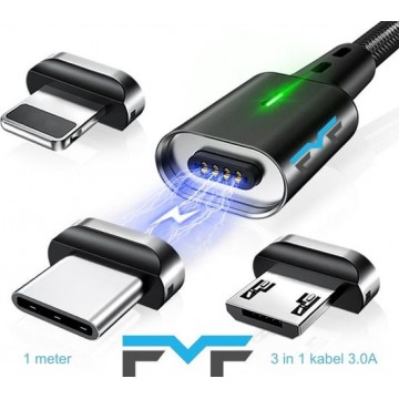 FMF® 3 in 1 magnetische oplaadkabel - 1 meter - kabel - data kabel - USB-C/Iphone/USB Micro