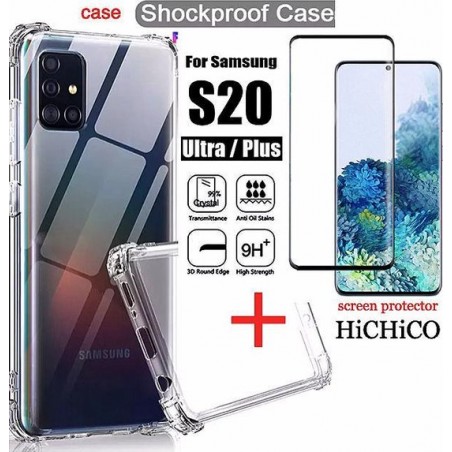 SAMSUNG Galaxy S20 ShockProof Case, Transparant (Siliconen TPU Soft ) + Screenprotector, Tempered Glass 2.5D 9H 0.3mm - HiCHiCO
