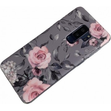 Samsung Galaxy S9 Plus - Silicone vintage bloemen hoesje Nora rozen roze grijs
