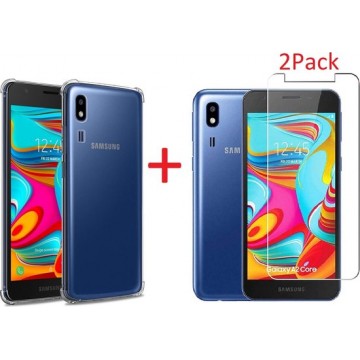 Samsung Galaxy A2 Core Anti Shock Hoesje TPU Back Cover Met 2pack glazen  Screenprotector - Transparant