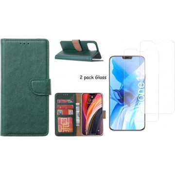 iPhone 12 / 12 Pro hoesje - bookcase / wallet cover portemonnee Bookcase hoes Groen + 2x tempered glass / Screenprotector