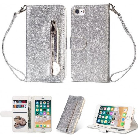 iPhone SE 2020 / 7 / 8 Glitter Bookcase hoesje Portemonnee met rits  - Zilver