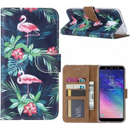 Ntech Samsung Galaxy A6 (2018) Flamingo Boek hoesje met Pasjesruimte