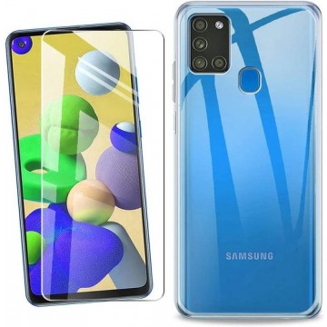 Samsung Galaxy A21S Hoesje Transparant - Siliconen Back Cover & Glazen Screenprotector