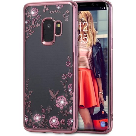 DrPhone - Samsung S9+ Plus Flower Bloemen Case Diamant Crystal TPU Hoesje - Rosegold