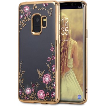 DrPhone - Samsung S9 Flower Bloemen Case Diamant Crystal TPU Hoesje - Goud