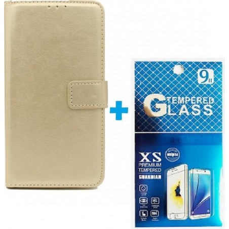 Samsung Galaxy A21S hoesje book case + 2 stuks Glas Screenprotector goud