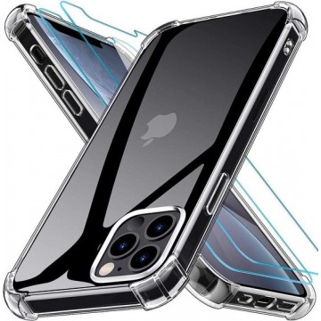 Apple iPhone 12 Pro Max Hoesje Transparant - Anti Shock Hybrid Back Cover & 2X Glazen Screenprotector