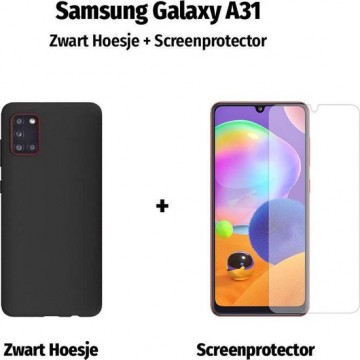 Samsung Galaxy A31 Hoesje Siliconen TPU Zwart + Screenprotector / Gehard Glas