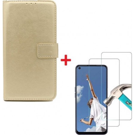 Oppo A52 hoesje book case goud met tempered glas screen Protector