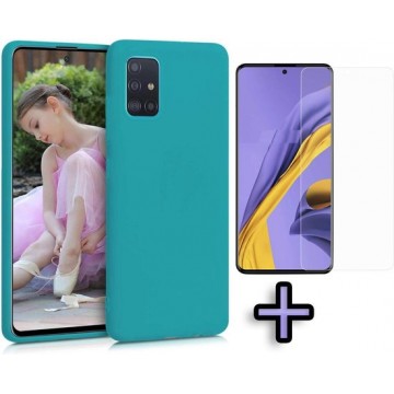 Samsung Galaxy A51 Hoesje - Siliconen Backcover & Tempered Glass Combi - Turquoise
