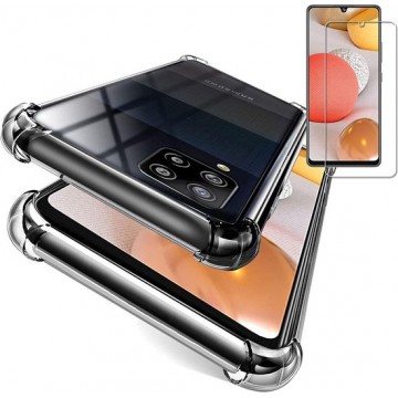 Samsung Galaxy A42 5G Hoesje Transparant - Anti Shock Hybrid Back Cover & Glazen Screenprotector