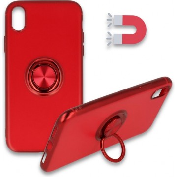Apple iPhone X & XS Hoesje Rood - Siliconen Back Cover met Ring Kickstand - Geschikt voor Magneet Houders