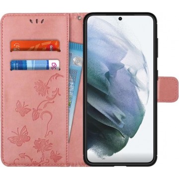 Samsung Galaxy S21 Hoesje Wallet Case met Vlinder Print Roze