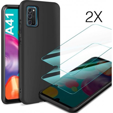 Samsung Galaxy A41 Matte Zwart Siliconen Back Cover met 2X Screenprotector - Tempered Glass - Epicmobile