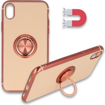 Apple iPhone X & XS Hoesje Roségold - Siliconen Back Cover met Ring Kickstand - Geschikt voor Magneet Houders