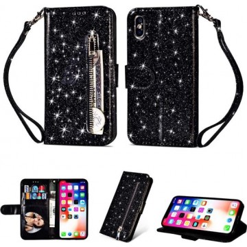 iPhone X / XS Glitter Bookcase hoesje Portemonnee met rits  - Zwart