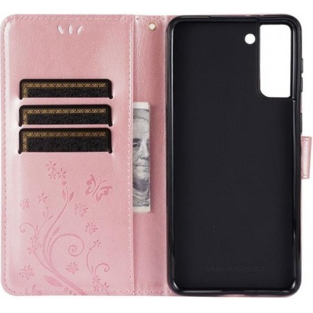 Samsung Galaxy S21 Plus Hoesje Wallet Case met Vlinder Print Rose Gold