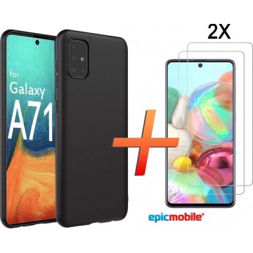 Samsung Galaxy A71 Hoesje - Zwart Siliconen Back Cover met 2X Screenprotector - Tempered Glass - Epicmobile