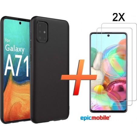 Samsung Galaxy A71 Hoesje - Zwart Siliconen Back Cover met 2X Screenprotector - Tempered Glass - Epicmobile