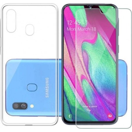 Samsung Galaxy A40 Hoesje Transparant TPU Siliconen Soft Case + Tempered Glass Screenprotector