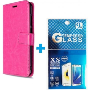 Huawei P Smart 2020 hoesje book case + 2 stuks Glas Screenprotector roze