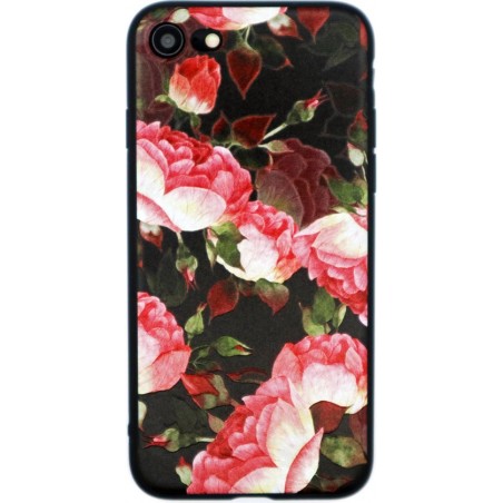 Luxe Bloemen Flower Cover | iPhone 7 | iPhone 8 | Siliconen TPU | Soft case zacht | Roze - Zwart hoesje