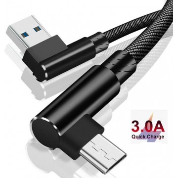 DrPhone D9 Micro USB Dubbele 90° Haakse Nylon Gevlochten 2.4A kabel – 1 Meter -Datasynchronisatie & Snel opladen – Zwart