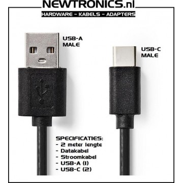 Newtronics USB-C male - USB-A male datakabel en stroomkabel