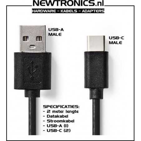 Newtronics USB-C male - USB-A male datakabel en stroomkabel