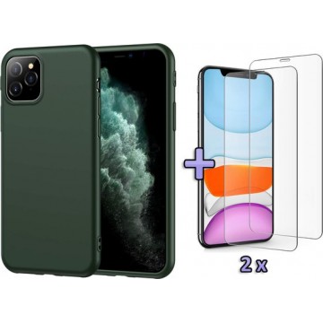 Apple iPhone 11 Pro Hoesje - Siliconen Backcover & 2 X Tempered Glass Combi - Groen