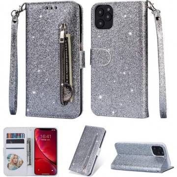 iPhone 11 Pro Glitter Bookcase hoesje Portemonnee met rits  - Zilver