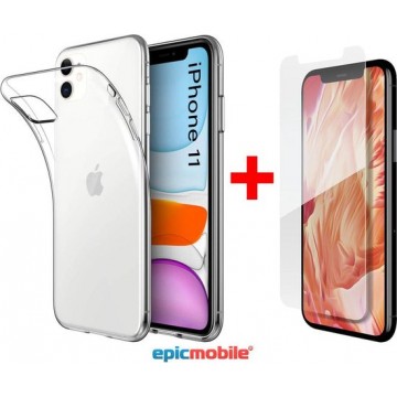 Epicmobile - iPhone 11 Transparant Silicone hoesje  + Screenprotector - Tempered Glass  - Combideal