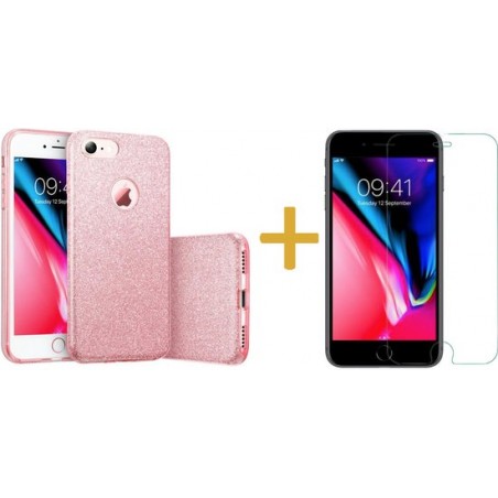 iPhone SE 2020 / 8 / 7 Hoesje Rose - Siliconen Case Glitter + Screenprotector